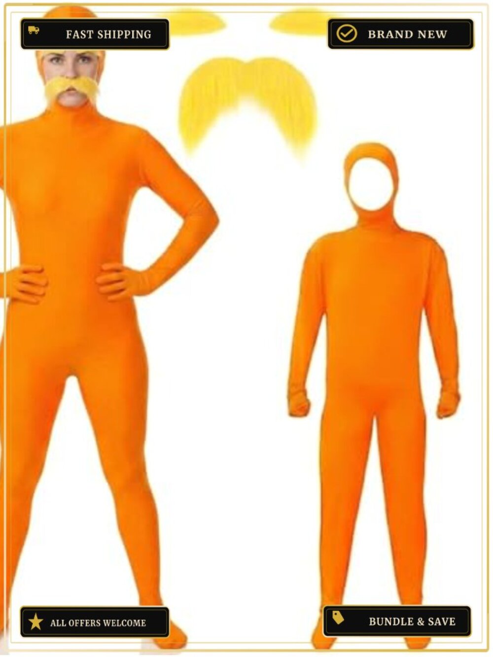 Adult Orange Bodysuit Halloween Costume Mustache & Eyebrows